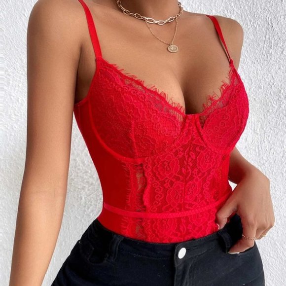 RED LACE BODYSUIT CHIC CLASSY SEXY - Picture 6 of 6